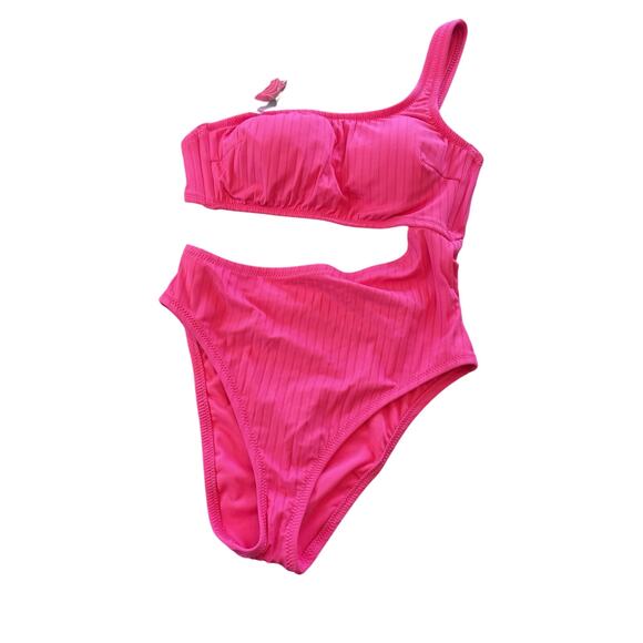 Shade & Shore Women's Medium Pink One Shoulder Open Side Ribbed Piece Swimsuit - Picture 1 of 3